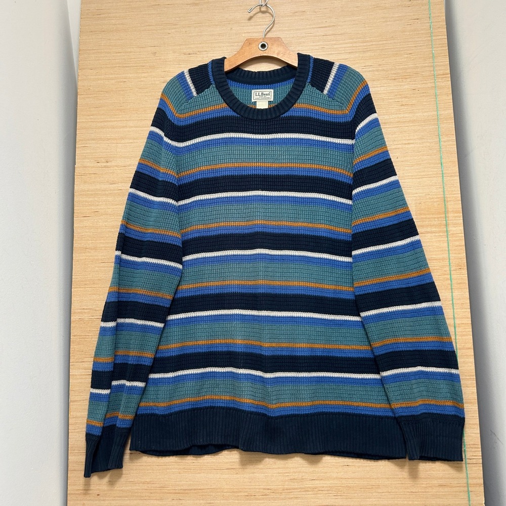 LL Bean Mens Large Cotton Striped Crewneck Sweater Blue Teal